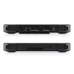 Top and bottom view of the Dell 7220 tablet, it has vents, a kensington lock, and power button. behind a dust and water protective cover, it has the power port, serial port, mini-displayport, usb 3.1 port, 3.5mm audio port, and SD card slot.