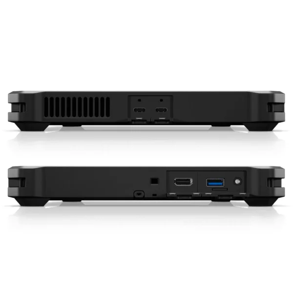 This shows the dell latitude 7230 rugged extreme tablet from the back. It has 2 usb type C, HDMI and USB ports on the back. It also has ventilation vents on the back.