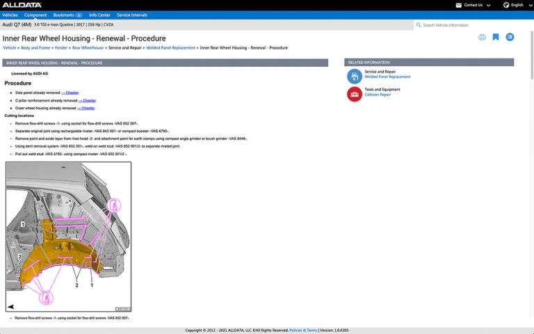 Screenshot of Alldata Body Repair Information